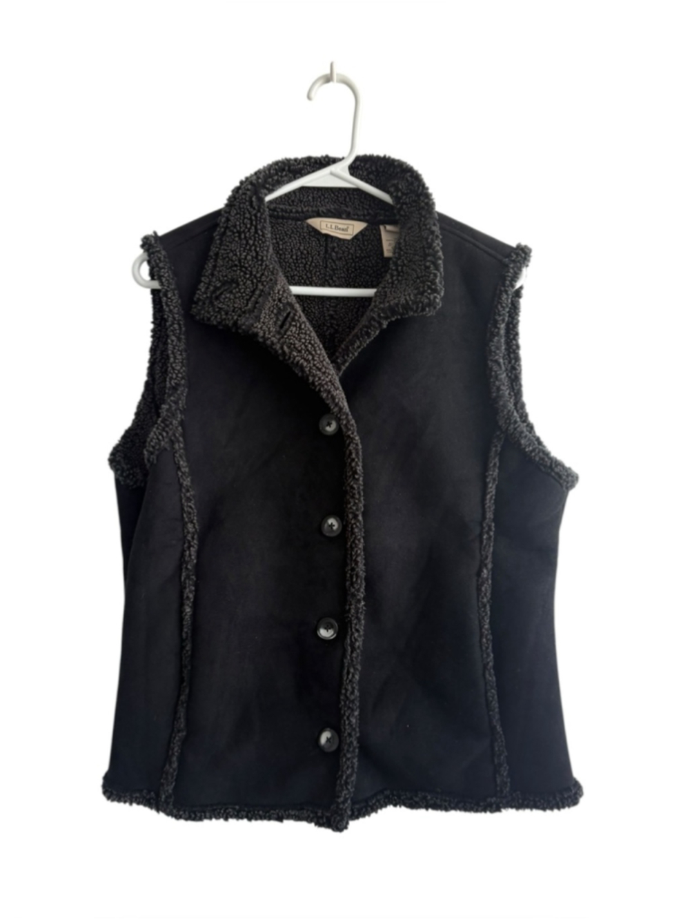LL Bean Womens Medium Black Faux Suede Sherpa Lined Button Front Vest